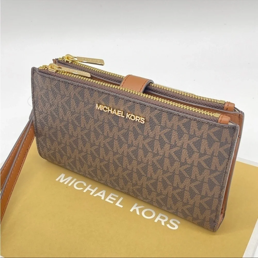 Michael Kors Large Double Zip Wallet Wristlet Leather Rich Brown